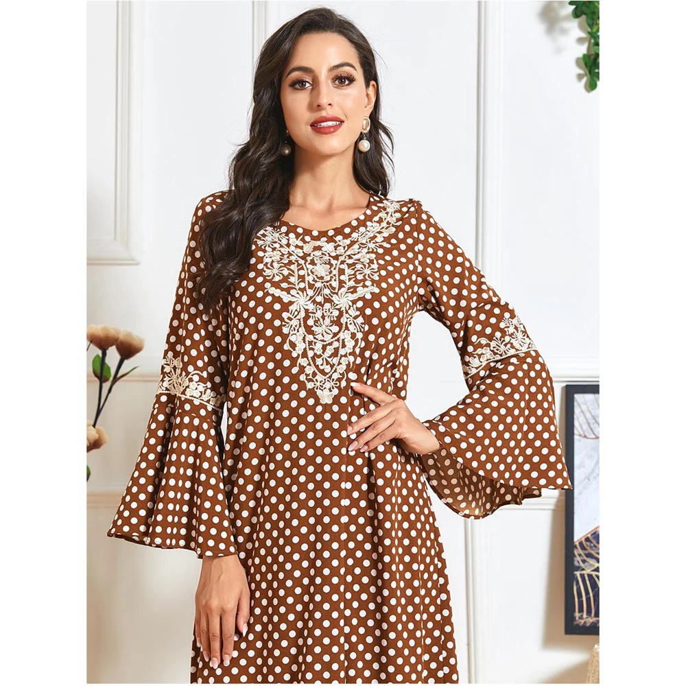 

Plus Size Muslim Polka Dot Vintage Abaya Elegant Flare Sleeve Ruffle Embroidery Long Dress Women Party Evening Dubai Maxi Robe
