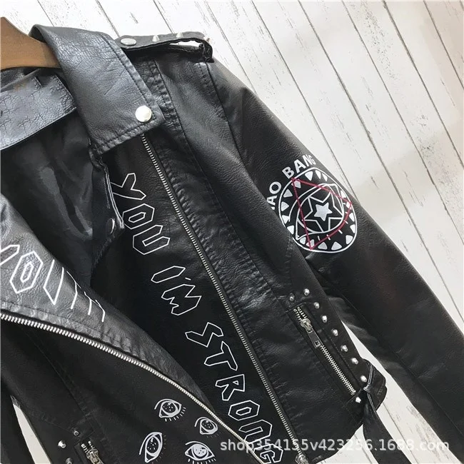2021 new spring coat leather jacket female Pu rivet zipper 3D printing motorcycle street wear enlarge