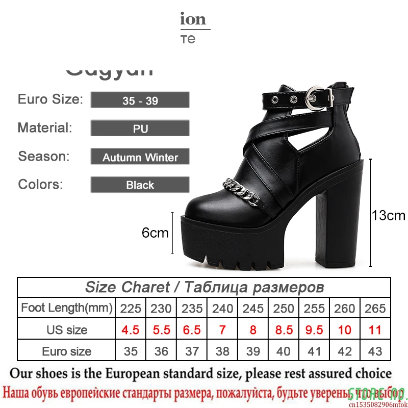 

Drop Shipping Fashion Chain Women Shoes Zipper Square High Heel Ankle Boots For Women Punk Shoes Platform Spring Autumn