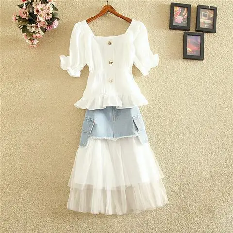 

2021 Summer Women Lace Patchwork Denim Skirt 2 Piece Set Women Square Collar Blouse and Denim Skirt Suit Female Casual Suit Q416