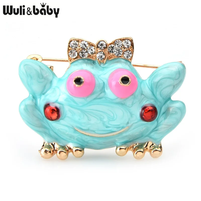 Wuli & baby Милая синяя эмалированная брошь лягушка женские сплав Стразы бант