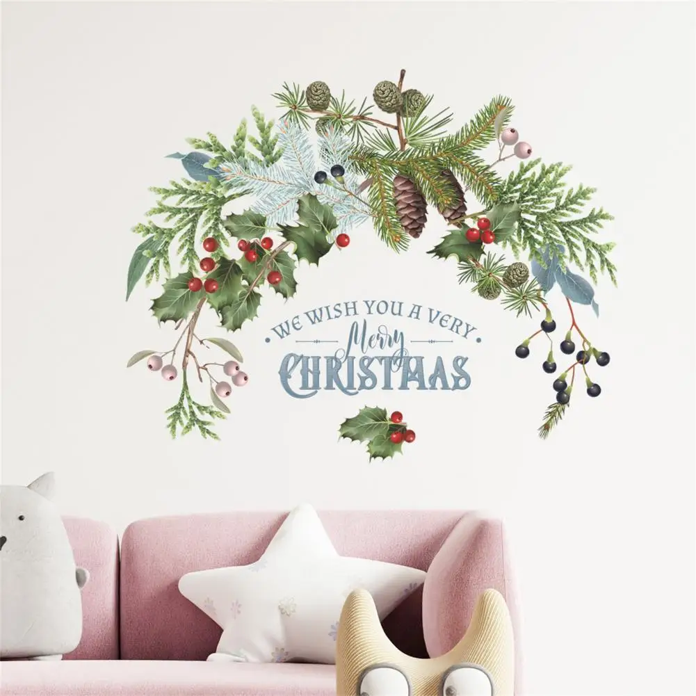 

Wall Sticker Green Plant Pine Cones Branch Wall Stickers 2022 Christmas New Year Decor Glass for Window Door Posters Home Mural