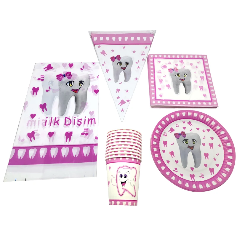 

Розовые салфетки для дня рождения с дизайном в виде первых зубов, флажки, Детские тарелки для душа, чашки, украшения, сувениры для мальчиков, ...