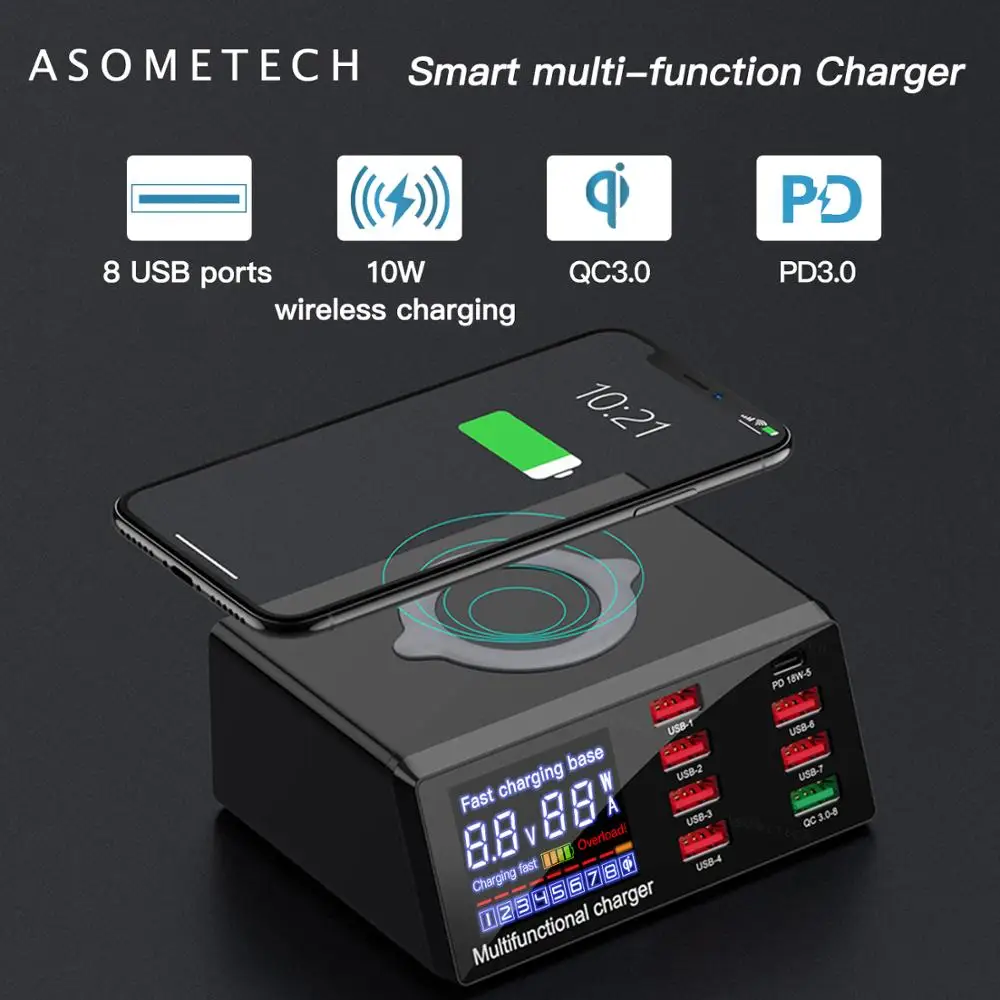 100W Универсальное зарядное устройство USB Hub PD Quick Charge 3 0 Qi Беспроводное 8 портов