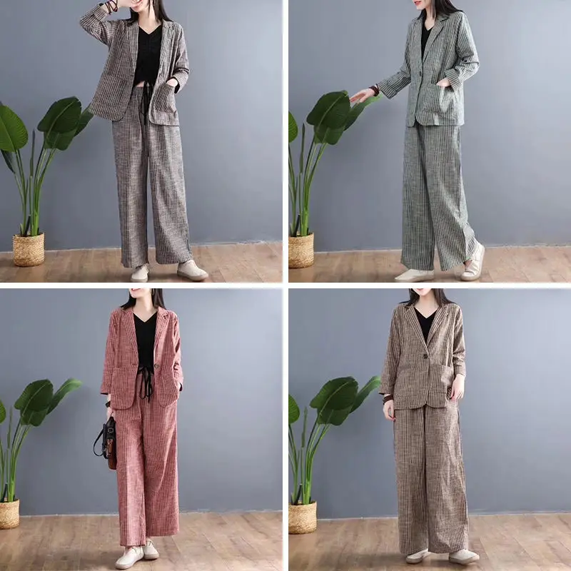 Повседневный Ретро-костюм в полоску Женский хлопковый и льняной Блейзер брюки