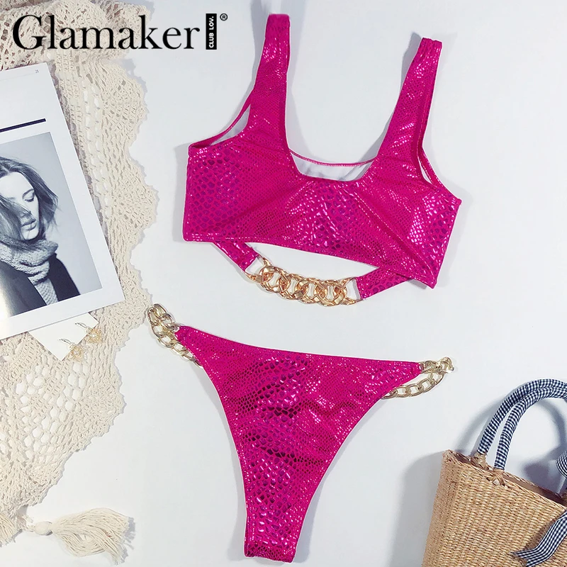 Женское бикини со змеиным принтом Glamaker ярко-розовое пикантное пляжное