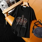 Летняя уличная футболка с короткими рукавами в стиле отдыха женская 2021 новая корона с горячими бриллиантами, свободные черные женские топы с круглым вырезом и круглым вырезом