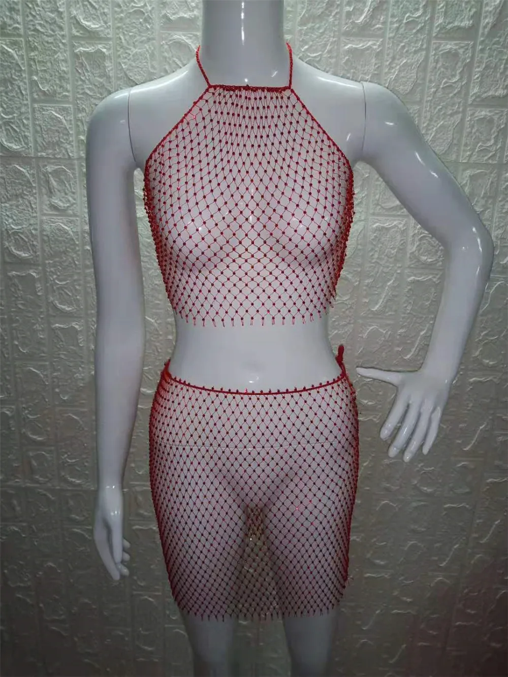 PARAKINI Sparkly Crystal Diamonds Bikini Beach Women Dress Beach Cover Up Dresses Fishnet Cropped Top Two Pieces Set Beach Dress