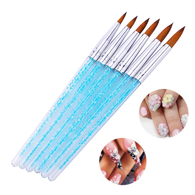 

6pc Crystal Acrylic Nail Art Brush Uv Gel Carving Pen Brush Liquid Powder Diy Nail Glitter Handle Nail Art Brush