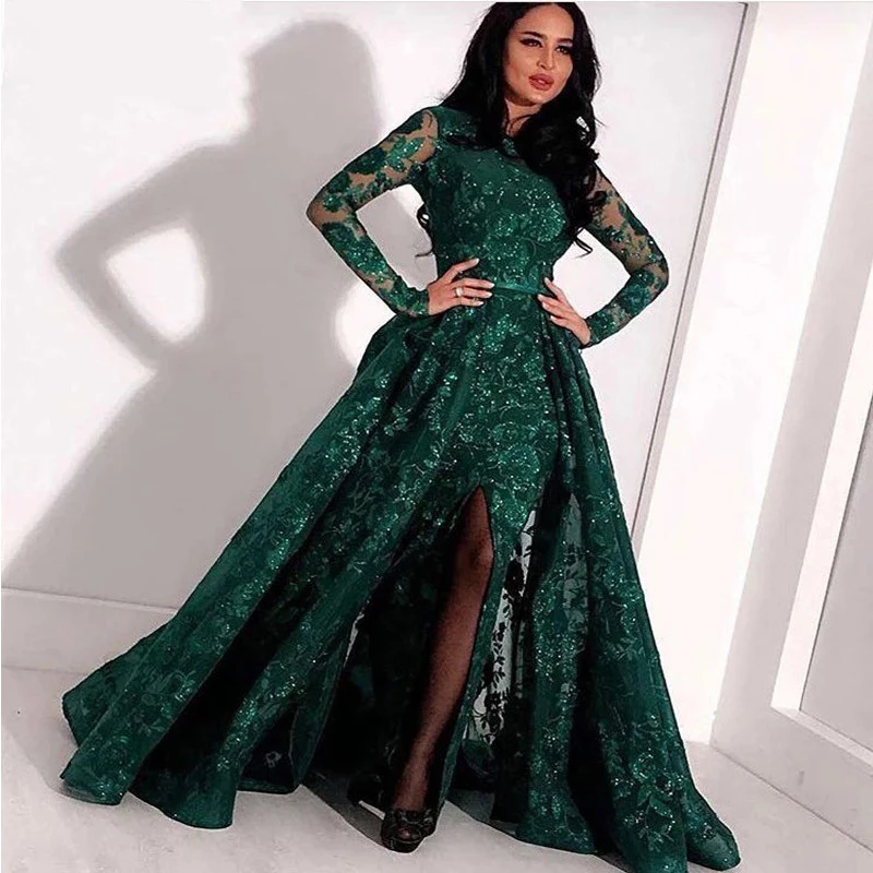

Verngo Mermaid Evening Dress Green Lace Green Appliques Formal Dress Party Prom Gown Detachable Train Dresses Woman Party Night