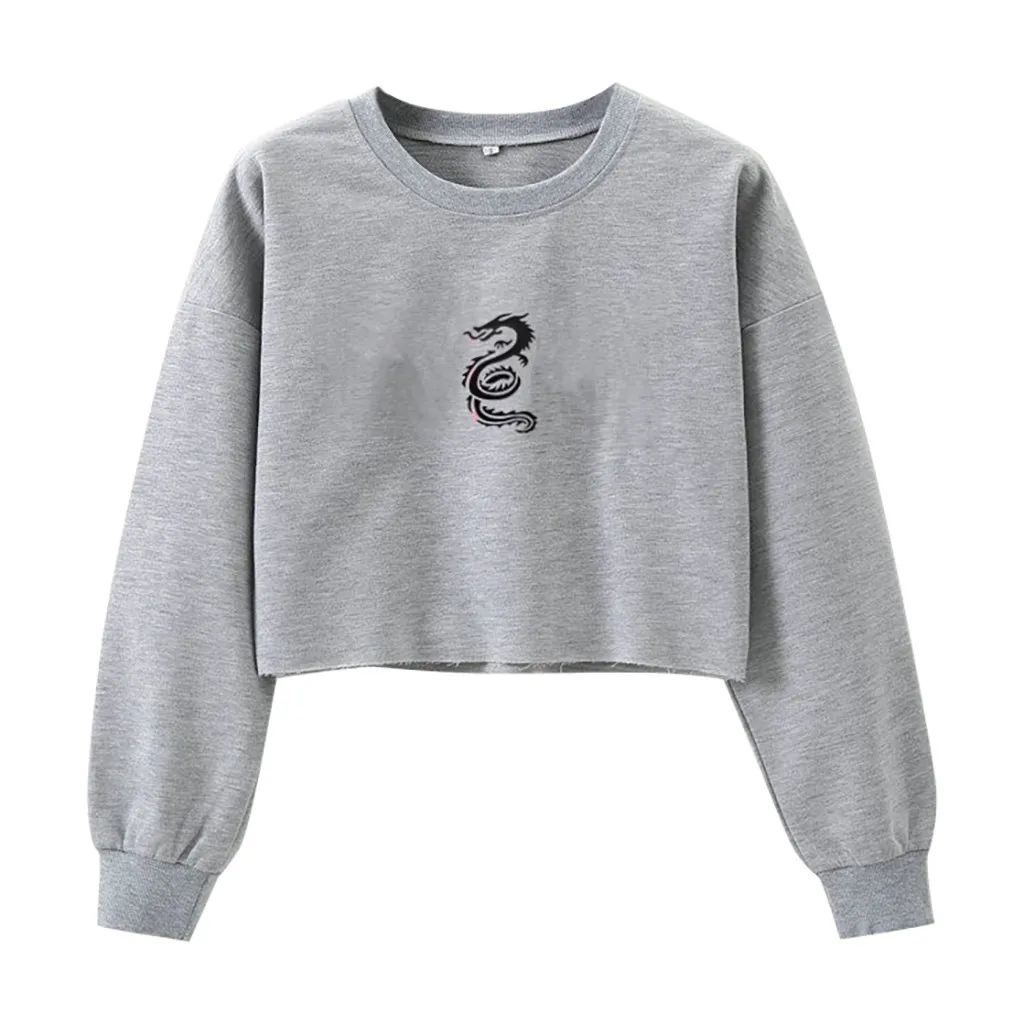 

Women's Dragon Totem Print Navel Short Long Sleeve Pullover Jumper Tops Short Sweatshirt Jumper Autumn Winter Tops Sweatshirt