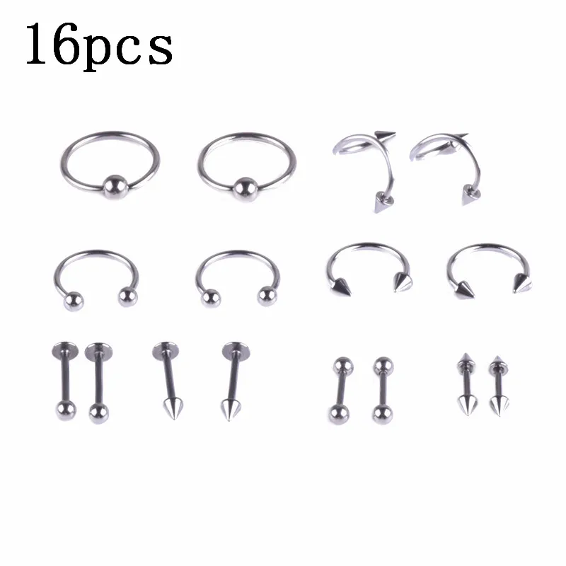 Silver 16pcs 110 шт набор акриловых пирсингов для пирсинга живота, бровей, тоуга, Лабрет, кольцо для сосков штанга, пирсинг, Набор Для Пирсинга Хряща, трагус, набор для пирсинга - Окраска металла: Silver 16pcs