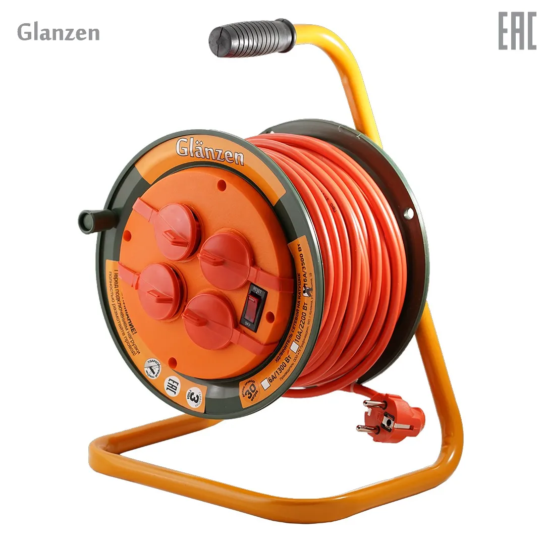 Удлинитель силовой на катушке GLANZEN 4 гн. ПВС 3х1 5 30м ЕВ 30 008 3500Вт|Сетевые шнуры и