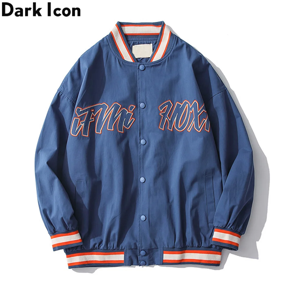 

Dark Icon Printed Color Contrast Ribbon Baseball Jacket Twill Material Cotton Men's Jacket Black Beige Streetwear Clothing