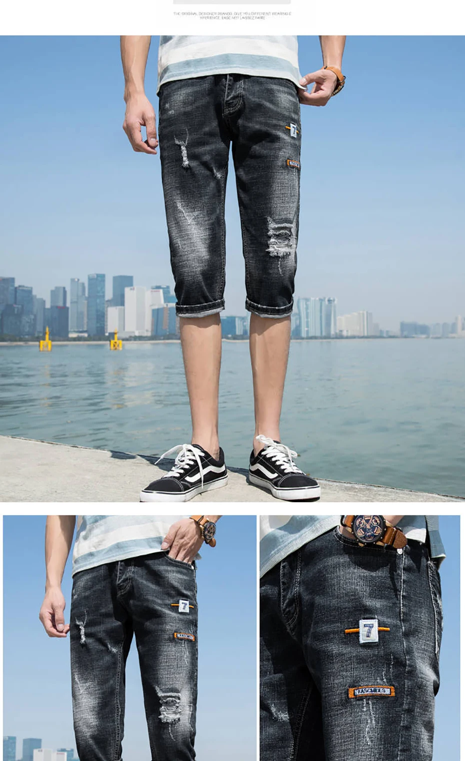 Мужские джинсовые эластичные шорты летние Прямые повседневные короткие бермуды до колена мужские рваные джинсовые шорты