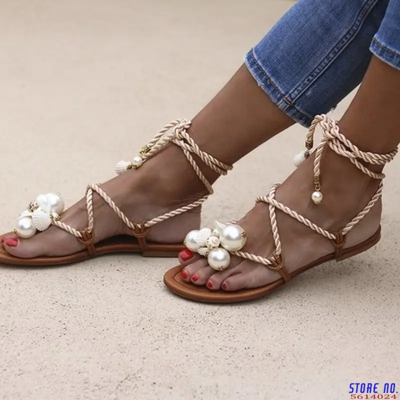 

women summer plus size flats sandals shoes woman gladiator cross-tied lace up beads shiny sandalias mujer sapato feminino D489