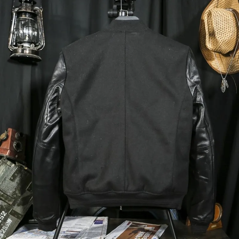 

Mens Bomber Jacket Fashion Stand Collar Zip Embroidery Genuine Leather Long Sleeve Woolen Coat Winter Casual Motorcycle Jacket