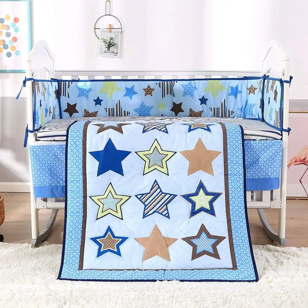 

7pcs Star embroidered Baby Crib Bedding Kit Bed Around Baby Cot Bedding tour de lit bébé(4bumper+duvet+bed cover+bed skirt)