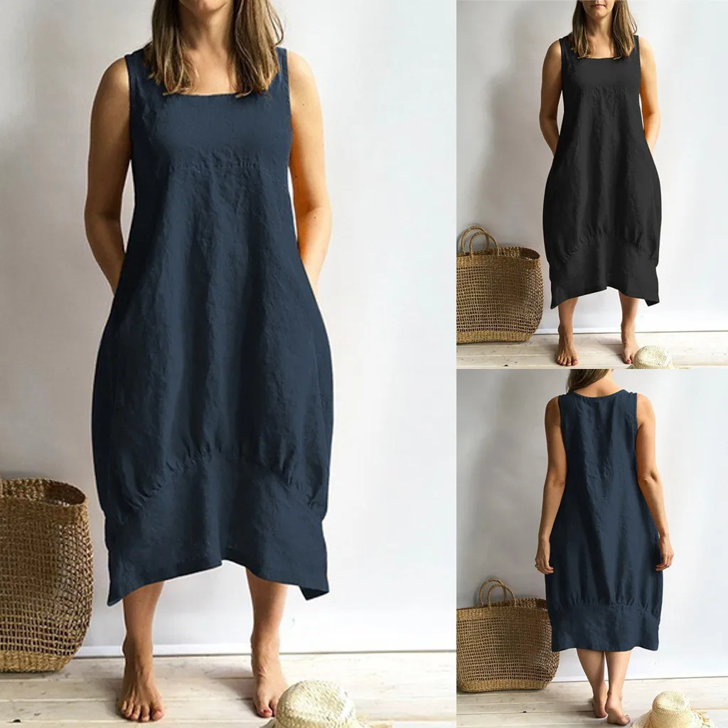 

Summer Women Midi Dress Fashion Casual Sleeveless O-Neck Solid Color Dresses Female Loose Plus Size Dress With Pocket#35