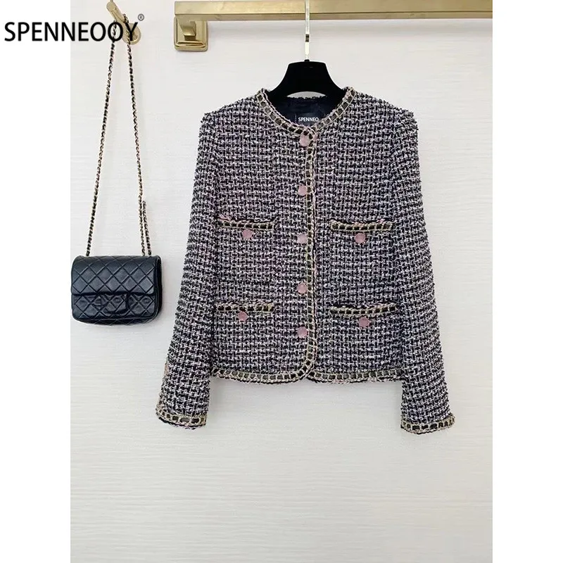 

SPENNEOOY Designer Brand Autumn Winter Vintage Plaid Tweed Overcoat Outwear Women Silk Lining Single-Breasted Jackets Coat