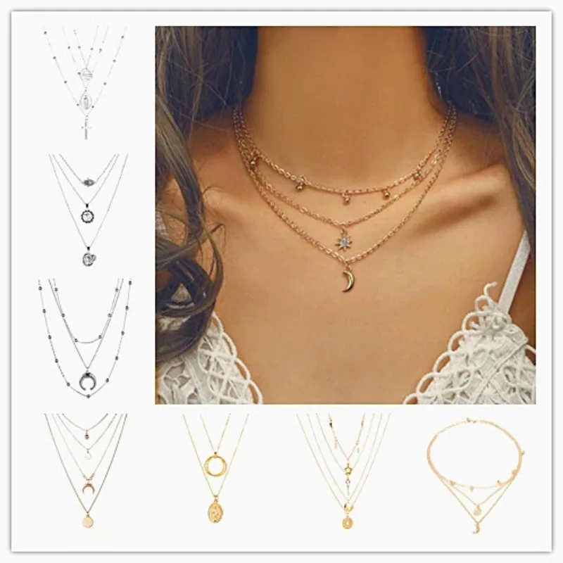 

4@# Gold Color Chain Necklaces Women Long Moon Tassel Pendant Chain Necklaces & Pendants Laces Velvet Chokers Fashion Jewelry