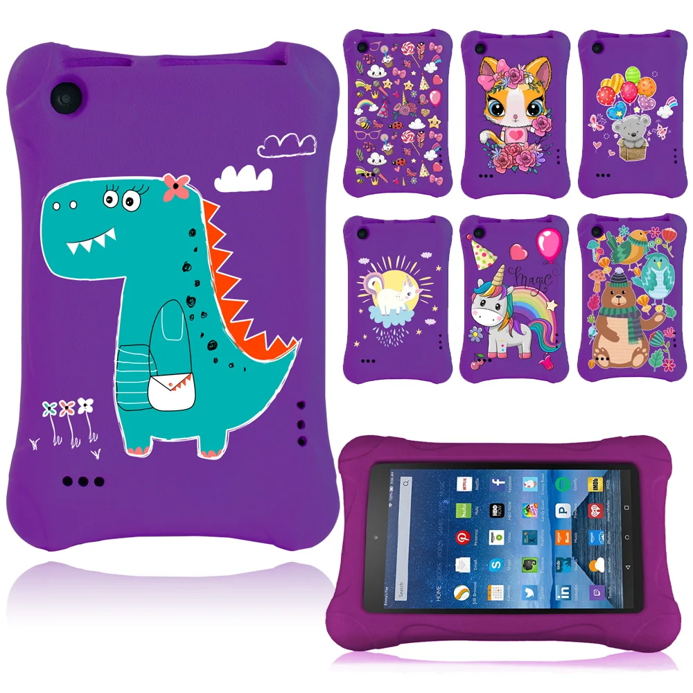 

For Amazon Fire 7(5th/7th/9th) Purple Children's Print Cute Cartoon Anti-fall and Dustproof Protective Cover + Free Stylus