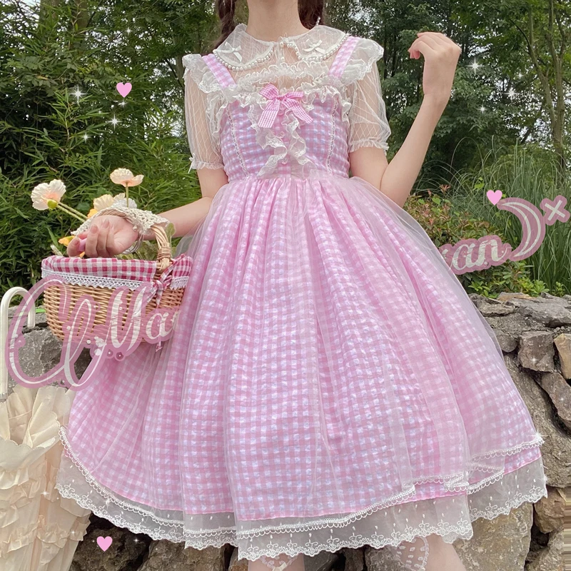 

Japanese Sweet Women Pink Blue Jk Dress Suspenders Summer Plaid Mesh Patchwork Lace Ruffles Dress Sleeveless Kawaii Lolita Dress