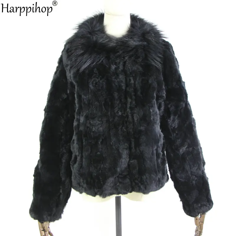 real genuine natural rabbit fur coat women long fashion raccon fur collar jacket black color Size S M L XL XXL enlarge