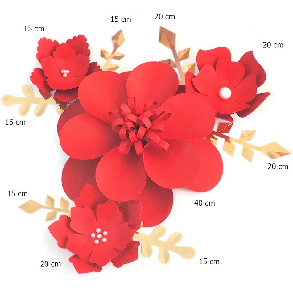 Набор красных легких бумажных цветов и золотых листьев ручной работы сделай сам