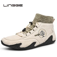 lingge men boots suede leather handmade western ankle boots lightweight lace up boots men casual shoes sneakers big size 38 48