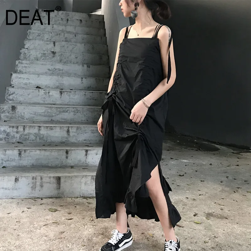 DEAT/ г. Летнее корейское платье для девочек на каникулах, плиссированное, асимметричное, тонкое, сексуальное платье без бретелек WJ07200M