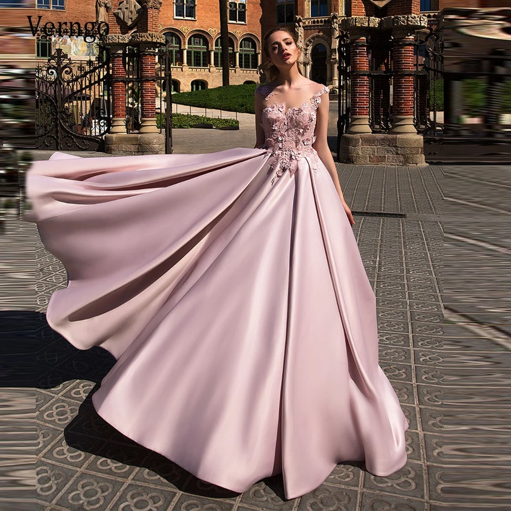 

Атласное свадебное платье-трапеция Verngo розового цвета с рукавом-крылышком и V-образным вырезом