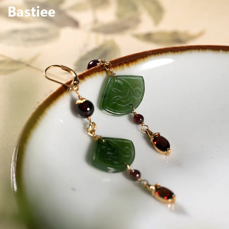Bastiee Vintage Garnet 925 Sterling Silver Drop Earrings Luxury Jewelry For Women Dangle Earings Fan Jasper
