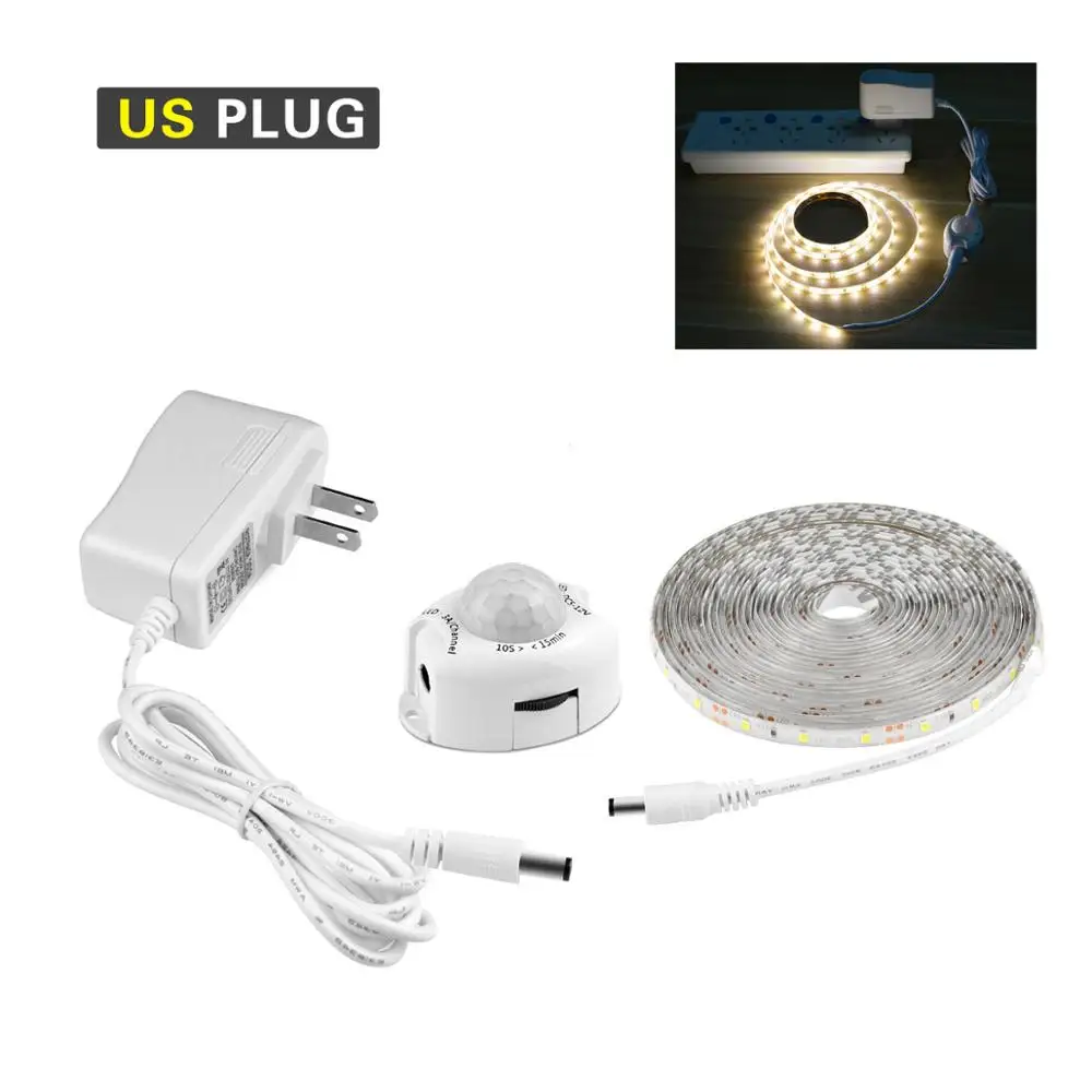 US-Warm White PIR Светодиодный светильник для шкафа, ЕС, США, источник питания, 1 м, 3 м, 4 м, 5 м, датчик движения, Светодиодная лента, кухонный ночник, шкаф, лента для шкафа - Цвет: US-Warm White