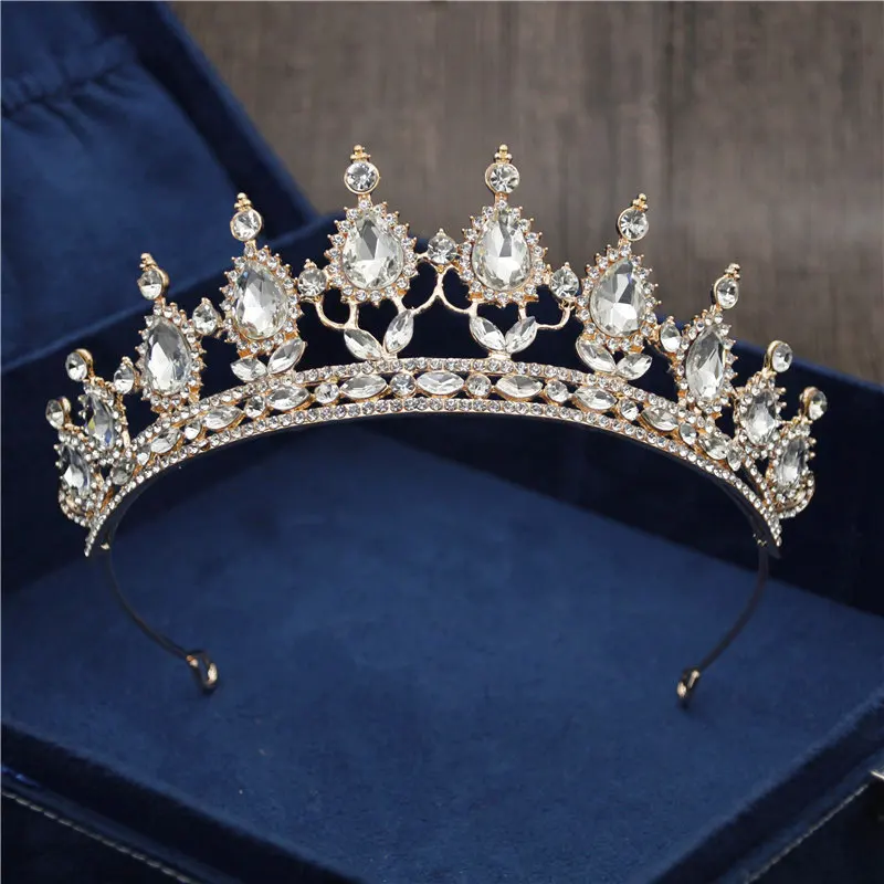 Gold White Новая Винтажная тиара в стиле барокко, корона для королевы невесты, розовые хрустальные короны, свадебные модные украшения для волос, свадебные аксессуары - Окраска металла: Gold White