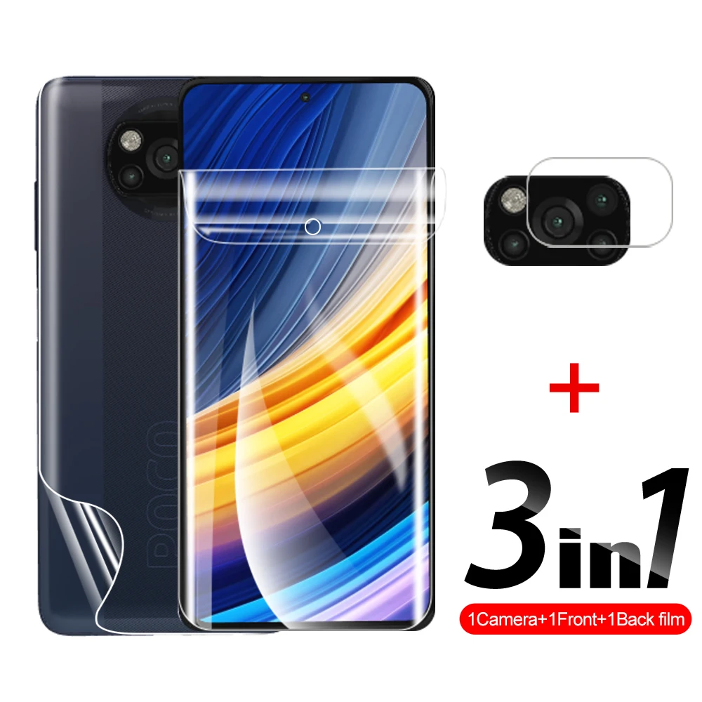 

Гидрогелевая пленка 3 в 1 для переднего и заднего объектива Xiaomi Mi Poco X3 Pro M3 M3 Pro F3 X3 NFC X3 GT, Защитная пленка для экрана камеры, прозрачная задняя п...