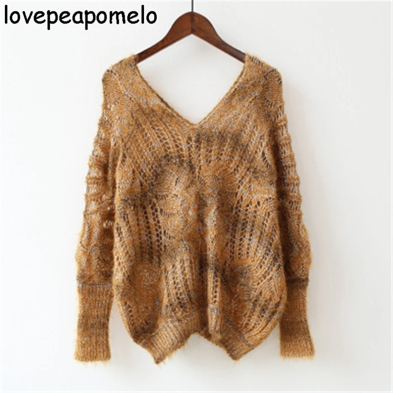 

Мохеровый Яркий шелковый свитер, женские вязаные топы с вырезами, новинка, весенне-осенний свободный Женский пуловер с V-образным вырезом, Ж...