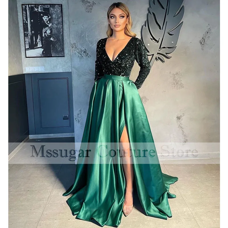 

Блестящие вечерние платья с блестками, атласное платье знаменитости с высоким разрезом, длинным рукавом и V-образным вырезом, 2021