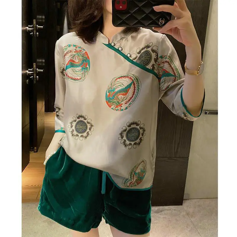 

Retro new Chinese silk Phoenix printed seven sleeve top Tang women's improved shirt womens tops and blouses COTTON