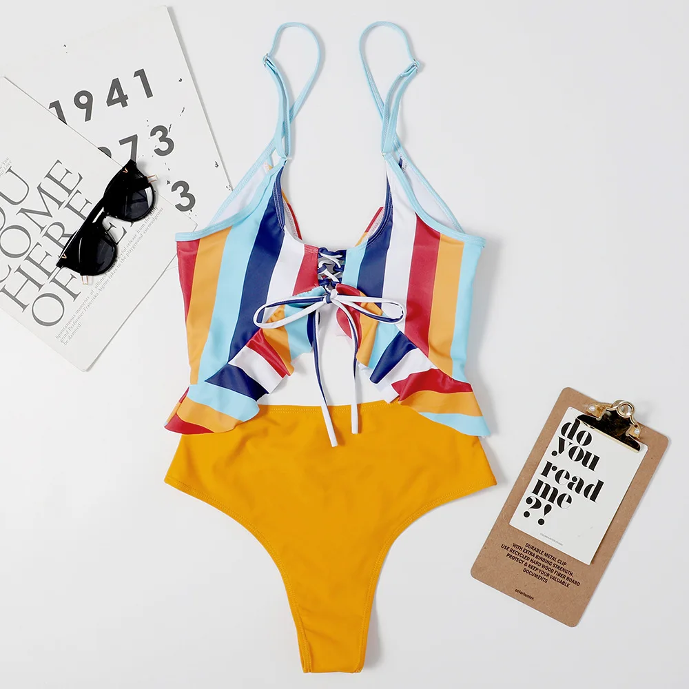 

Beach Swimsuit 2021 Floral Ruffled Hem Bikini Set Ladies V-neck High Waist Two-piece Swimsuit