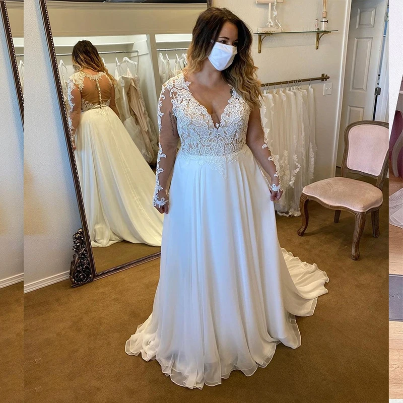 

Кружевное шифоновое свадебное платье с длинным рукавом и V-образным вырезом, прозрачное, с открытой спиной, большие размеры, индивидуальная ...