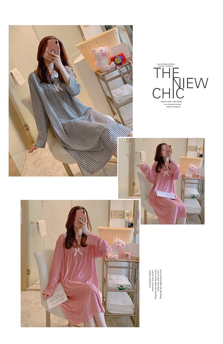 Spring Autumn Casual Plaid Cotton Nightgowns for Women Long Sleeve Loose Night Dress Home Dress Sleepwear Nightdress Nighty