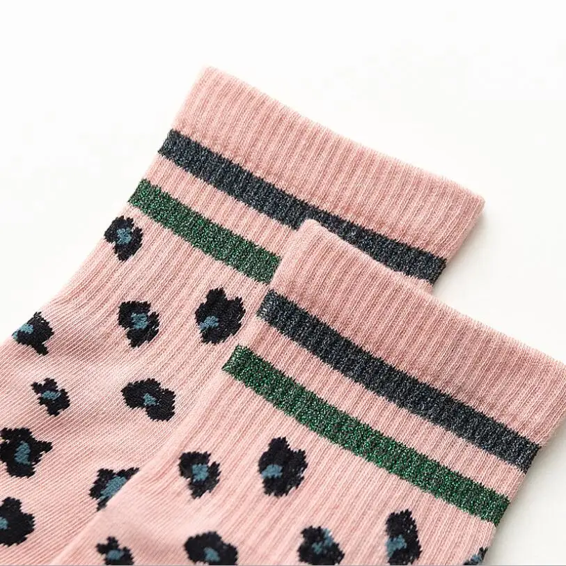 Women Solid Leopard Cotton Socks Lurex Striped Cuff Socks Stripes Warm Thick Winter Socks Girls Pink Grey Ankle Socks 6pairs/lot