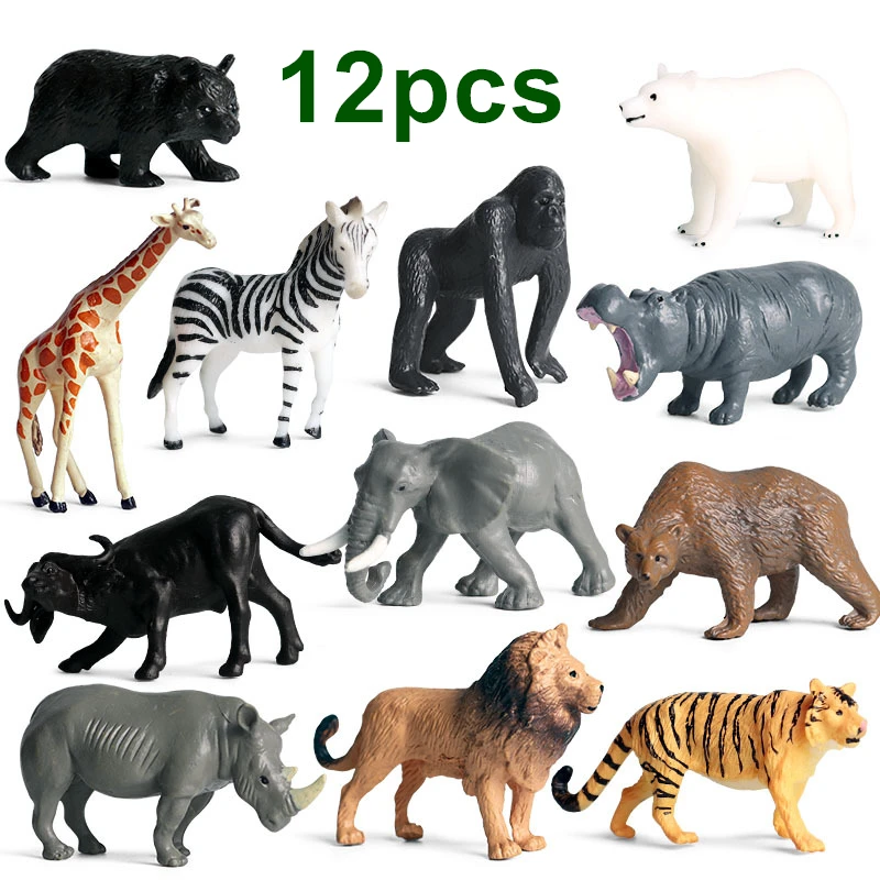 

12pcs Mini Wild Jungle Animals Simulation Models Tiger Lion Hippo Giraffe Zebra Leopard Bear Elephant Gorilla Baby Learning Toys