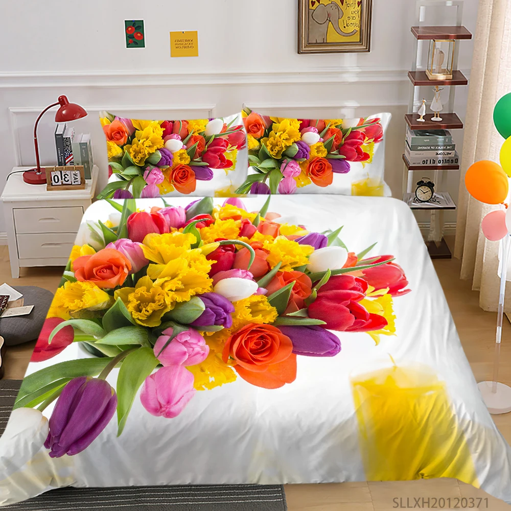 

Floral 3D Bedding Set Colourful Tulips Duvet Cover Set Queen King Full Double Single Bedroom Decoration 2/3 Pcs Dropship