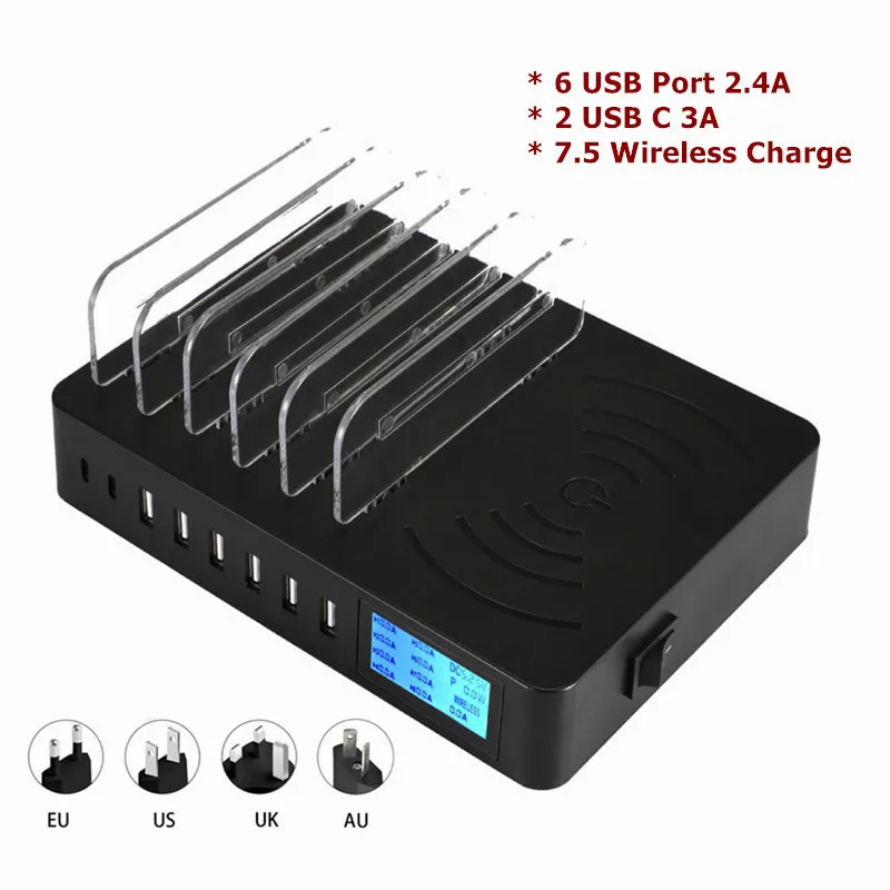 I9 Мульти USB зарядное устройство настольное Qi 50 Вт быстрое для iPhone 12 11 Samsung S20 S10