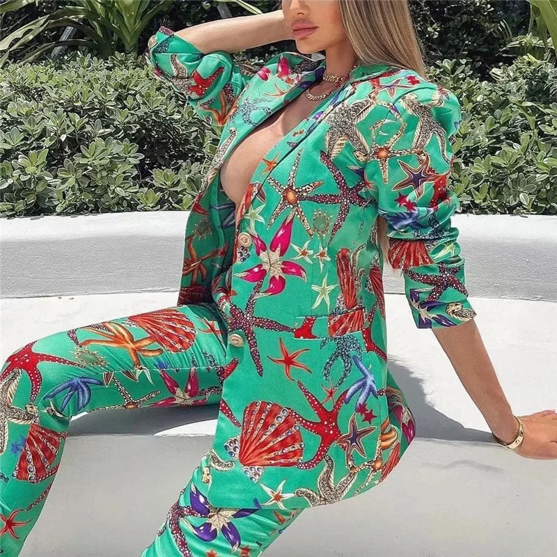 

Женский блейзер Vinage с зеленым принтом, весна 2021, модные блестящие облегающие блейзеры, женская верхняя одежда в стиле High Street