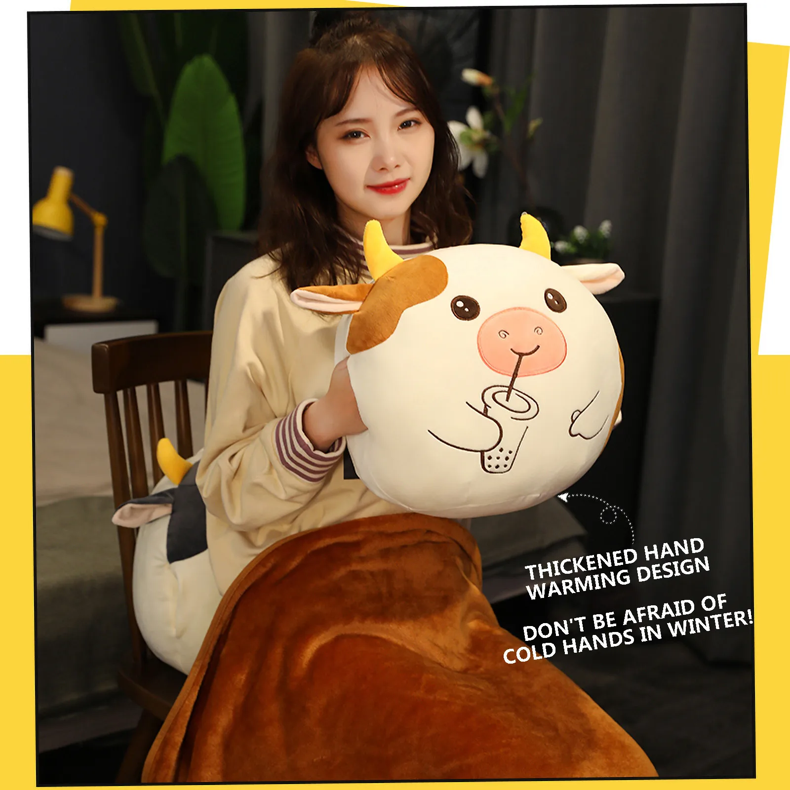 

Plush Stuffed Toy 3 In 1 Cute Warm And Comfortable Calf Plush Toy Hand Warmer Pillow Plush Blanket Backrest Pillow