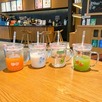 cartoon scaled milk cup borosilicate childrens handle glass business office mens and womens straw mug with lid coffee mug