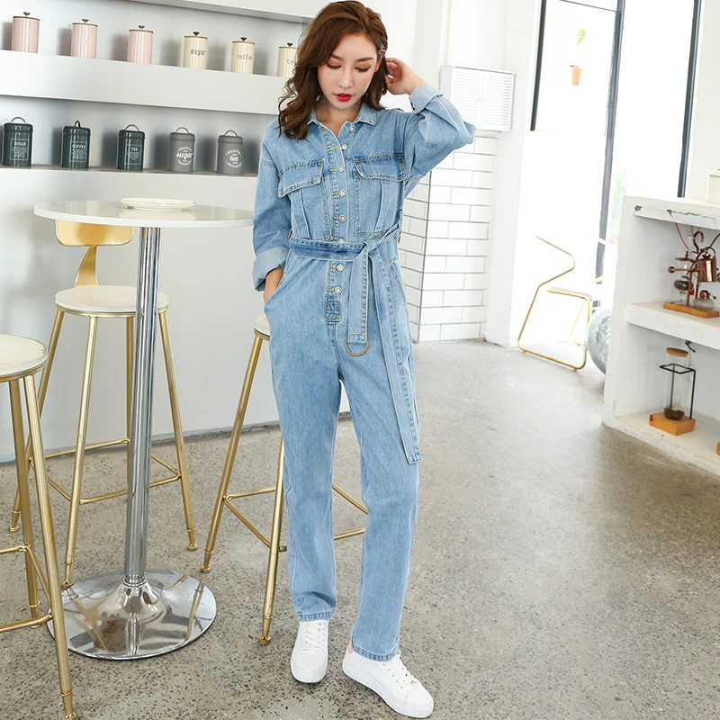 

High Quality Fashion 2021 Spring Autumn Women Jumpsuits Rompers Denim Loose Casual Overalls Female Jeans Sashes Streetwear WJ81